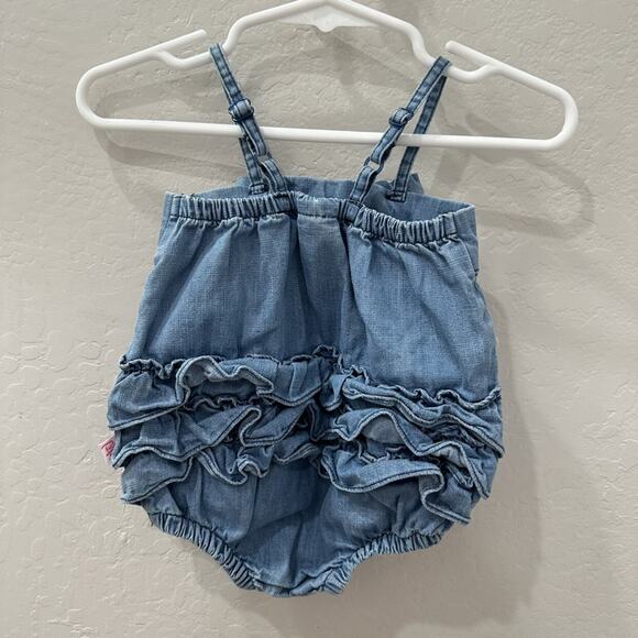 RuffleButts Chambray Denim Bow Ruffle Bubble Romper - Picture 7 of 8